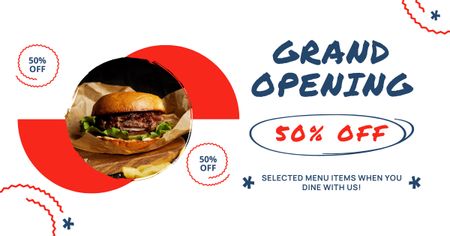 Ontwerpsjabloon van Facebook AD van Lekkere hamburgers voor de halve prijs tijdens het Grand Openingsevenement van Cafe