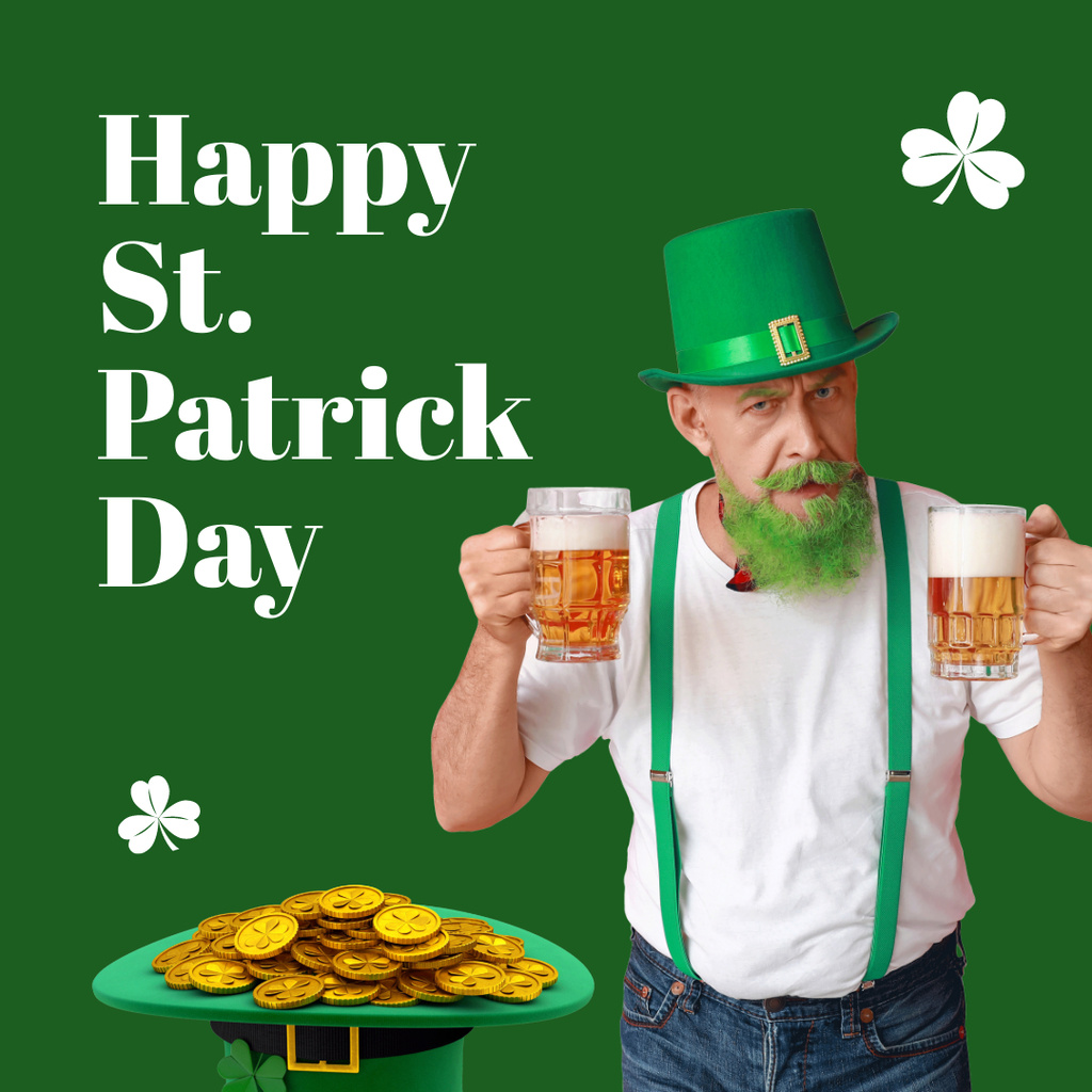 Happy St. Patrick's Day Greeting with Bearded Man with Beer Instagram Design Template