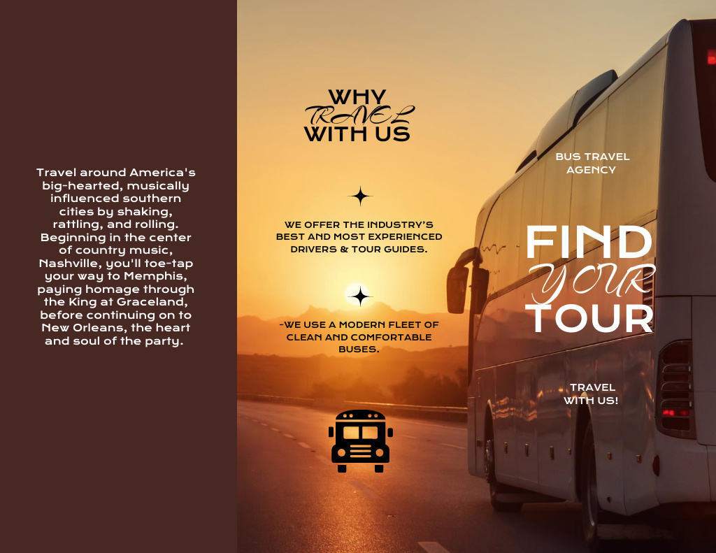 Bus Travel Agency Ad on Brown Brochure 8.5x11in Z-fold Πρότυπο σχεδίασης