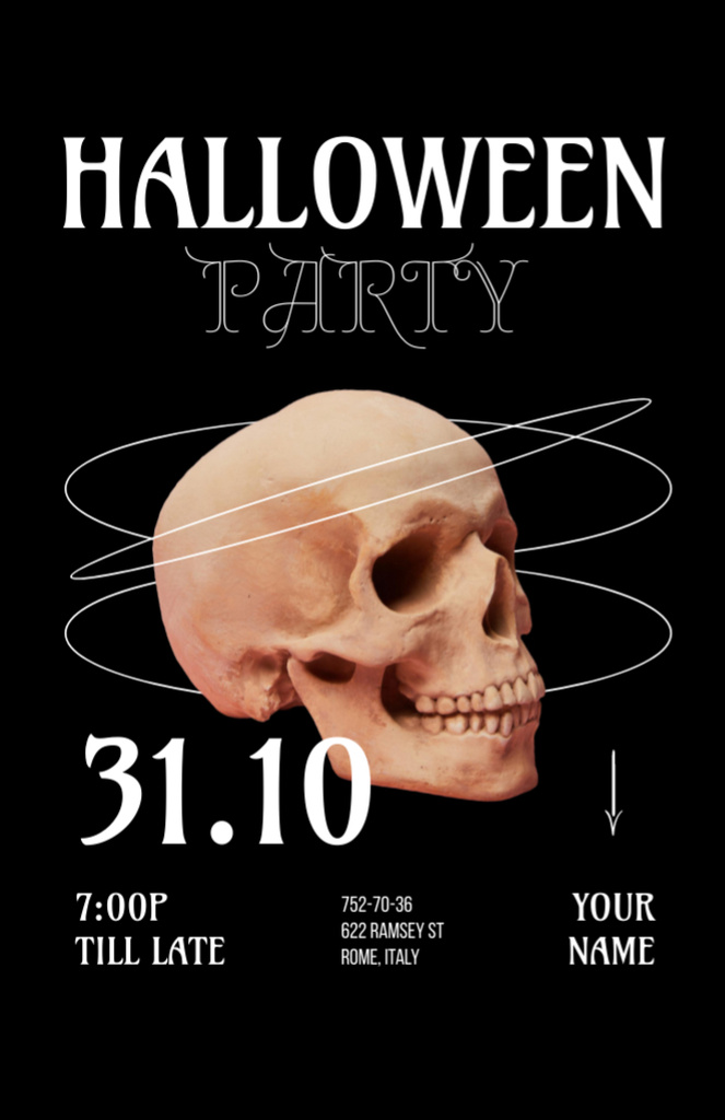 Lovely Halloween Party With Skull In Black Invitation 5.5x8.5in Tasarım Şablonu