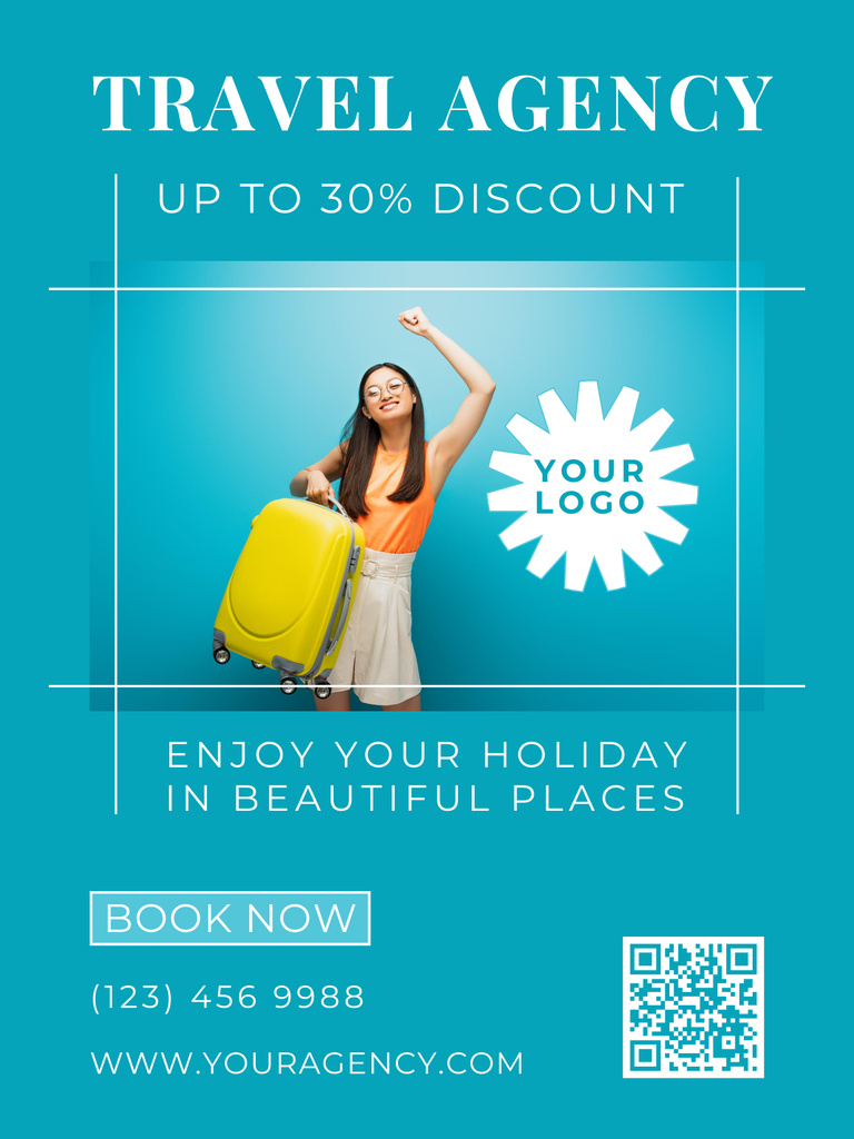 Designvorlage Travel Agency Services Discount with Happy Woman für Poster US