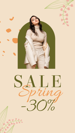 Modèle de visuel Vente de printemps avec une femme en tenue beige - Instagram Story