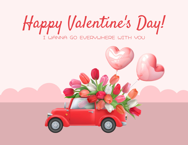 Valentine's Day Celebration with Retro Car Carrying Tulips Thank You Card 5.5x4in Horizontal Design Template