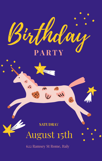 Ontwerpsjabloon van Invitation 4.6x7.2in van Birthday Party Announcement With Cute Unicorn