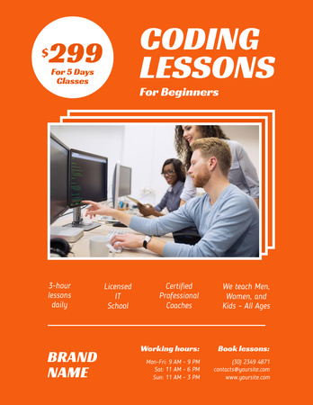 Engaging Coding Course Ad In Orange Poster 8.5x11in Design Template
