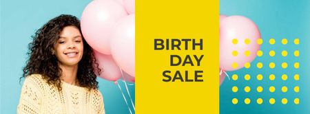 Designvorlage Ankündigung des Geburtstagsverkaufs mit lächelndem Mädchen für Facebook cover