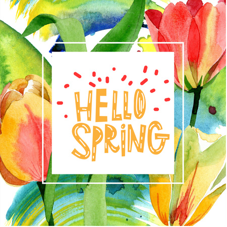 Hello Spring Lettering with Watercolor Flowers Instagram tervezősablon