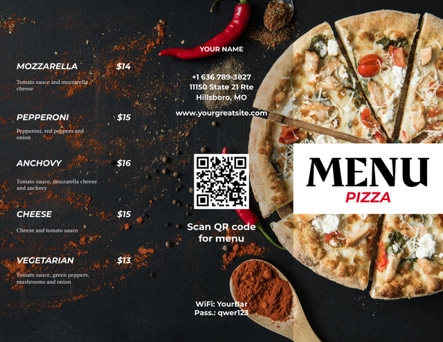 Pizzeria Food Offers on Black Menu 11x8.5in Tri-Fold tervezősablon