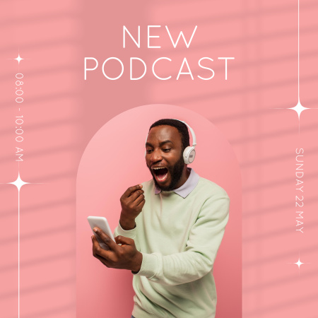 Podcast Announcement with Man in Earphones Podcast Cover Design Template