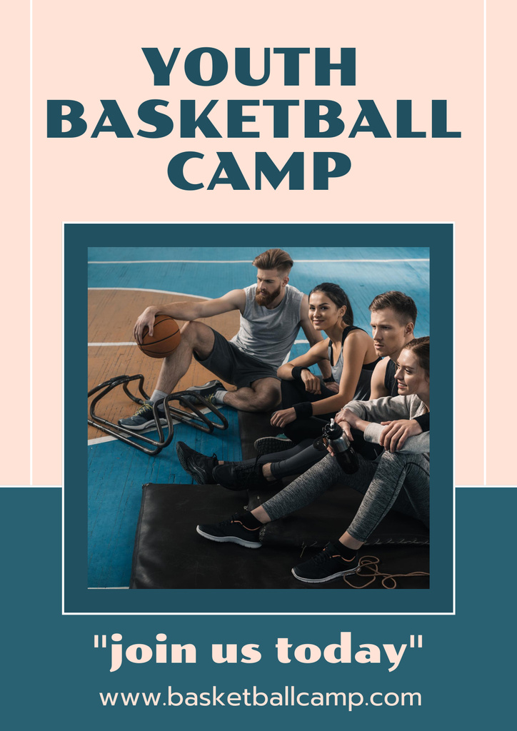 Plantilla de diseño de Basketball Camp Announcement with Young People Poster 