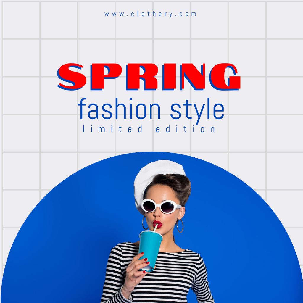 Spring Fashion Anouncement with Lady Drinking Juice Instagram Modelo de Design