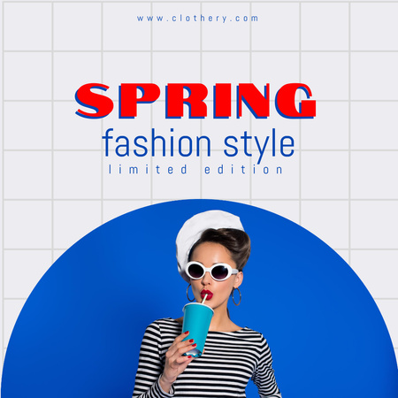 Spring Fashion Anouncement with Lady Drinking Juice Instagram Design Template