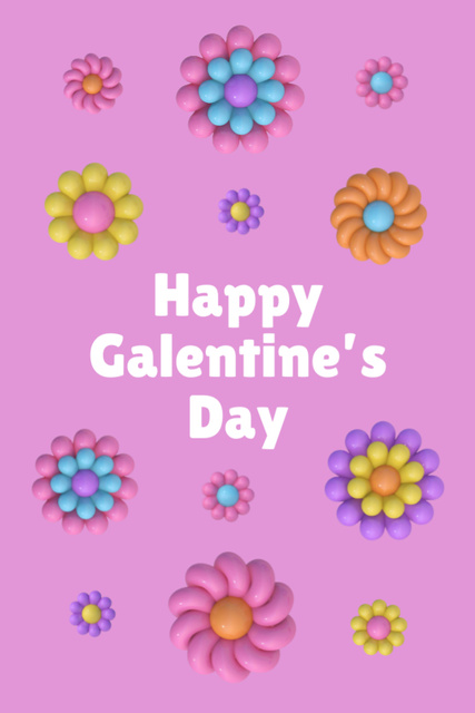 Galentine's Day Greeting with Cute Colorful Flowers in Pink Postcard 4x6in Vertical Design Template