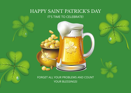 Patrick's Day with Illustration of Glass of Beer and Pot of Gold Card Design Template