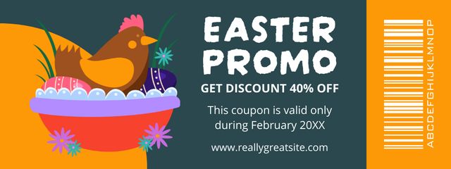 Easter Promotion with Chicken Sitting in Nest with Eggs Coupon Design Template