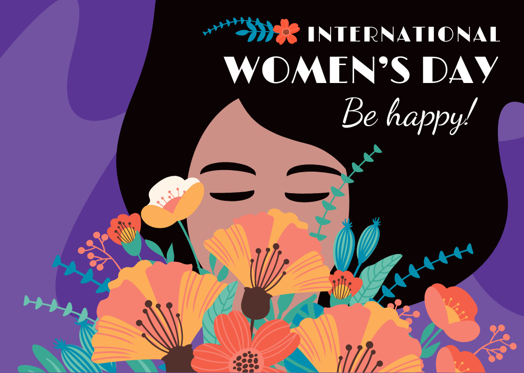 Modèle de visuel Women's day greeting with Woman sniffing Flowers - Postcard