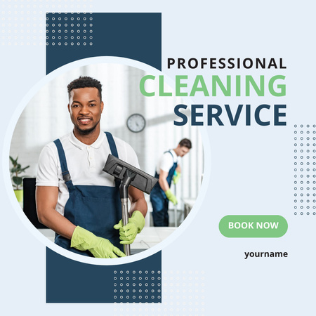 African American Worker in Uniform is Cleaning Office Instagram AD Design Template