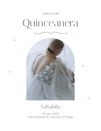 Platilla de diseño Announcement of Quinceañera with Girl in White Dress Invitation 13.9x10.7cm