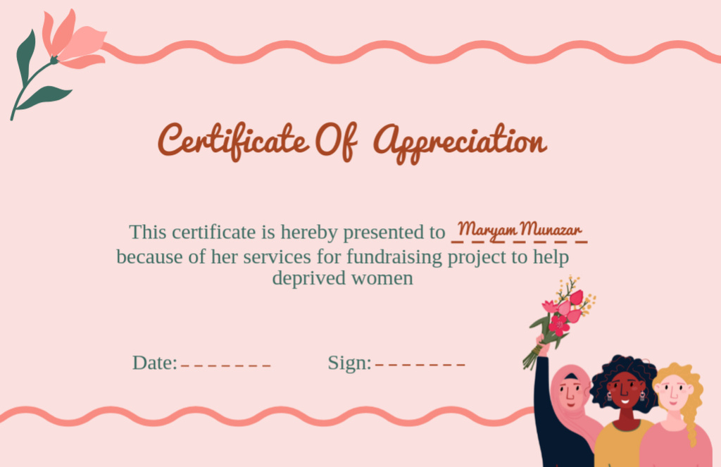 Certificate of Appreciation with Flowers in Pink Certificate 5.5x8.5in Design Template