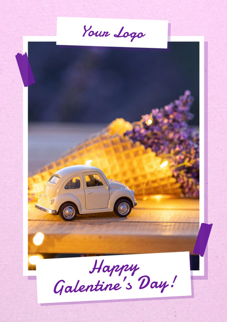 Galentine's Day Greeting with Cute Decorations on Purple Postcard A5 Vertical Design Template