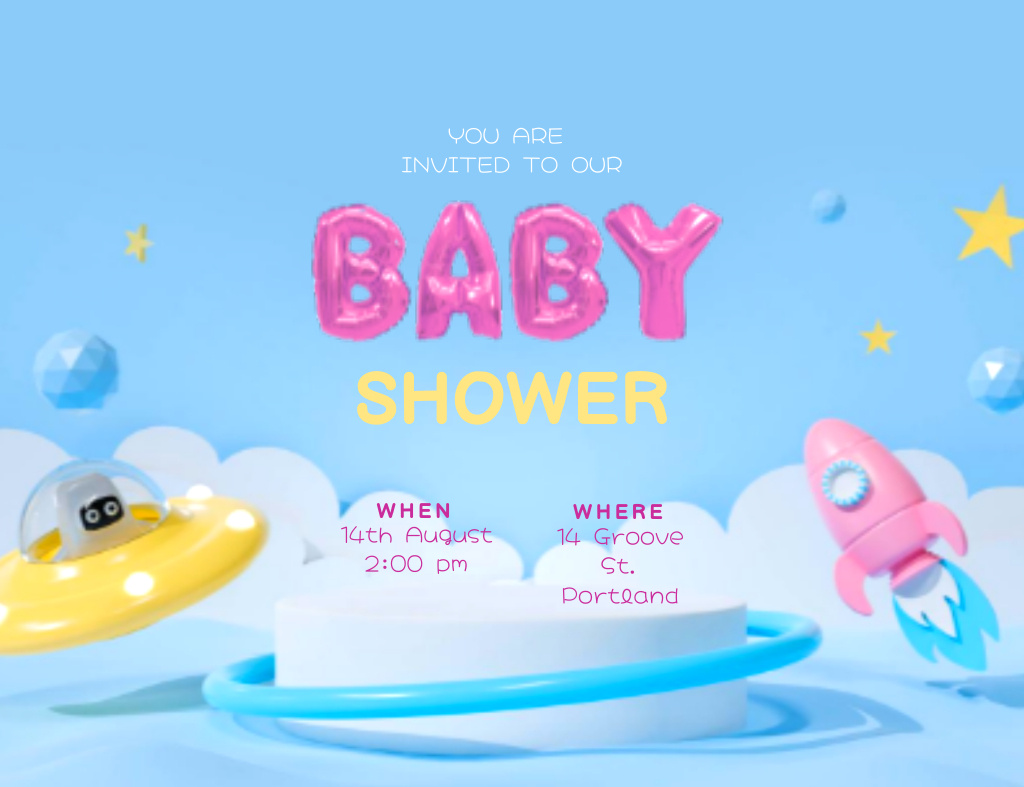 Designvorlage Baby Shower Announcement With Cartoon Spaceship für Invitation 13.9x10.7cm Horizontal