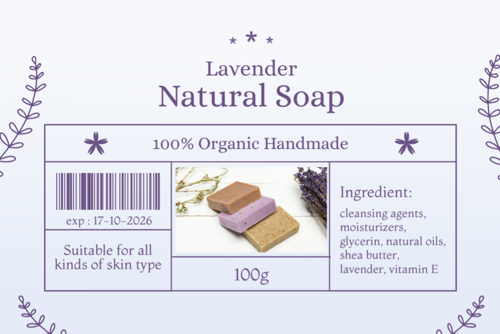 Plantilla de diseño de Awesome Organic Crafted Soap Bars With Lavender Offer Label 