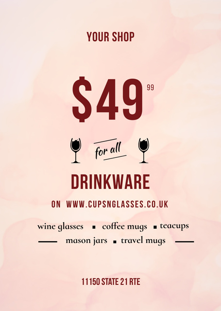 Drinkware Sale with Red Wine in Wineglass Flyer A6 Design Template