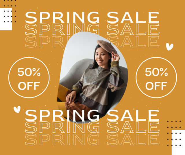 Spring Sale with Young Asian Woman in Beret Facebook Modelo de Design
