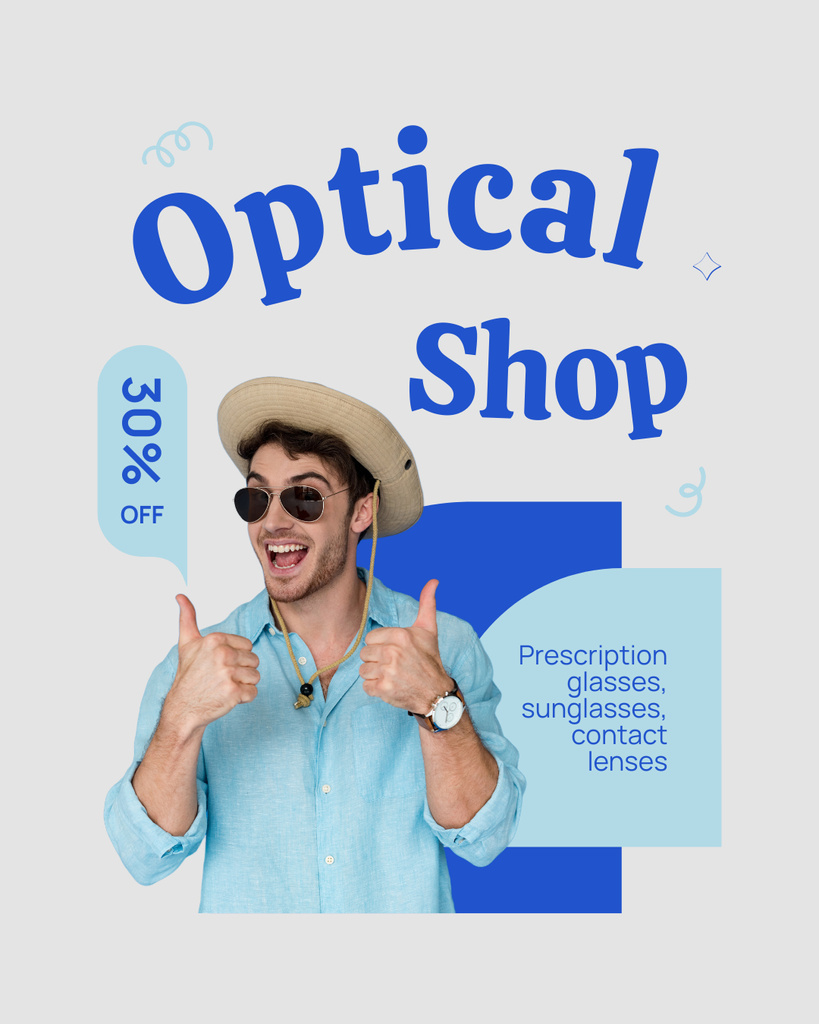 Discount Announcement in Optical Store with Young Man in Hat Instagram Post Vertical Modelo de Design