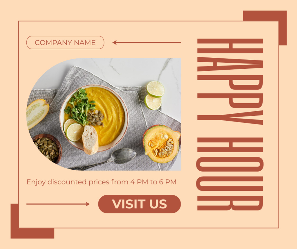 Ad of Happy Hours with Tasty Pumpkin Soup Facebook Design Template