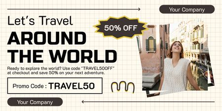 Discount Offer on Travel Tours with Cheerful Woman in City Twitter Design Template