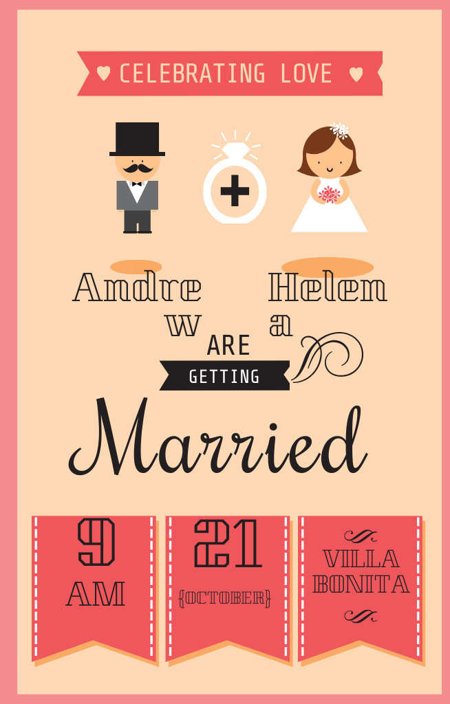 Wedding Event With Cute Groom And Bride Icons Invitation 4.6x7.2in Modelo de Design