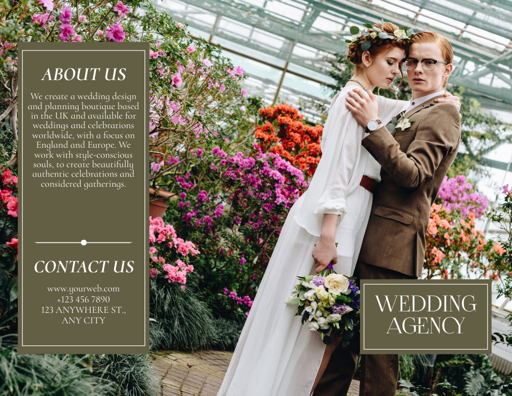 Ontwerpsjabloon van Brochure 8.5x11in van Offer of Wedding Agency with Beautiful Сouple in Botanical Garden