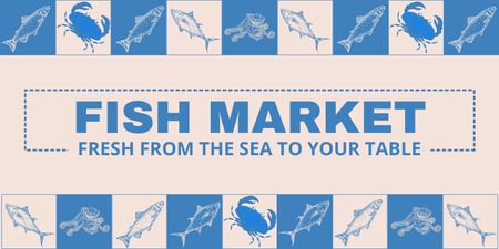 Plantilla de diseño de Anuncio de mercado de pescado con patrón Twitter 