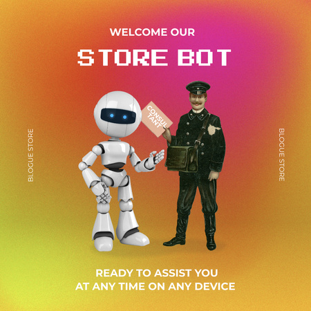 Funny Illustration of Modern Robot and Postman Instagram Design Template