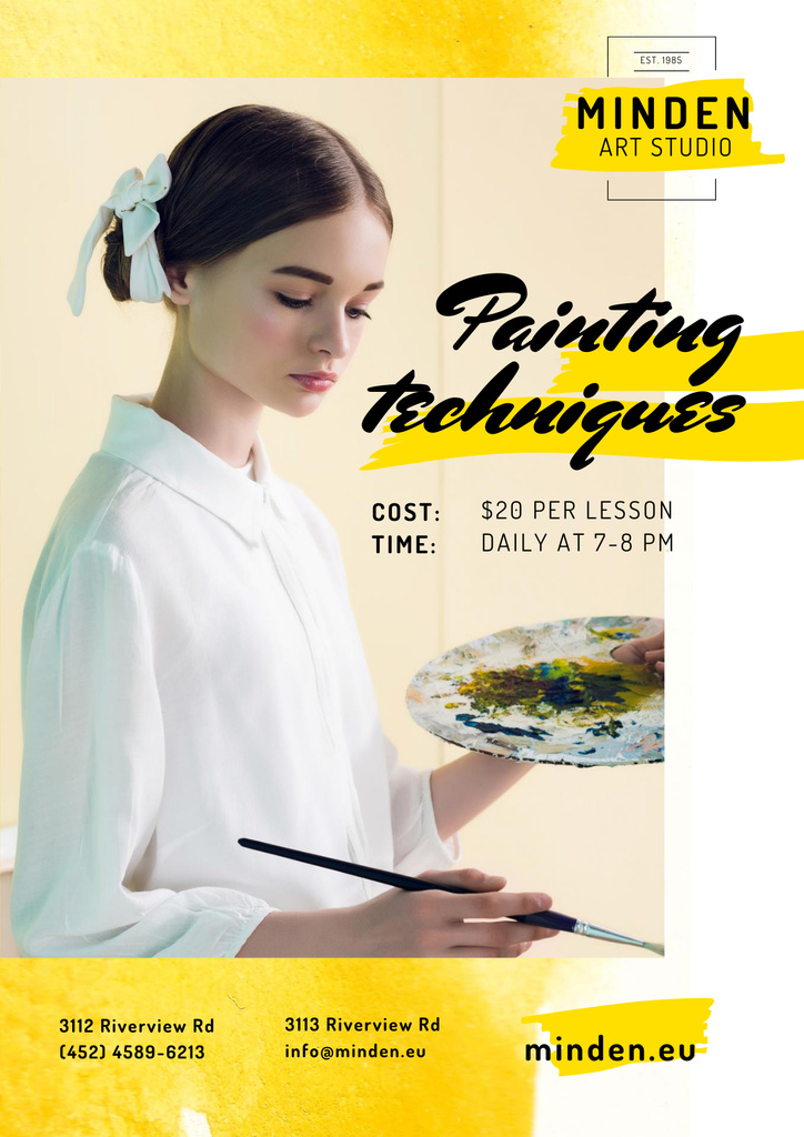 Painting Courses with Girl Holding Brush and Palette Posterデザインテンプレート