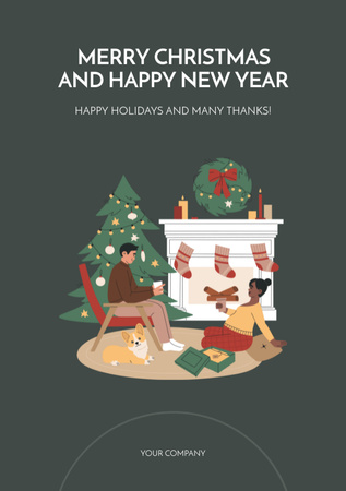 Christmas and New Year Greetings with Fine Illustration of Family Postcard A5 Vertical Design Template