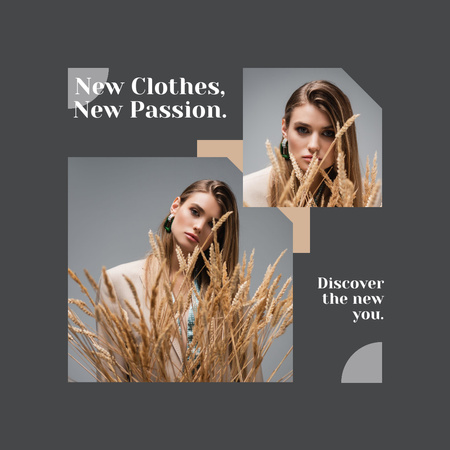 Plantilla de diseño de Anuncio de boutique de moda con mujer joven con espigas de trigo Instagram 