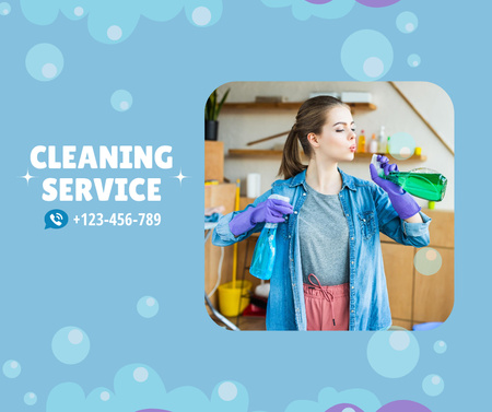 Cleaning Service Ad with Girl in Gloved and Sprayers Facebook Šablona návrhu