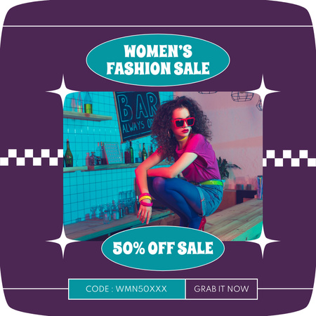 Designvorlage Damenmode-Ausverkaufsanzeige mit Frau in hellem Outfit für Instagram AD