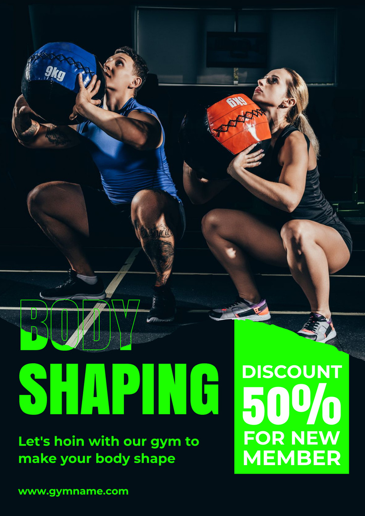 Designvorlage Gym Promotion with Couple Practicing Exercise für Poster