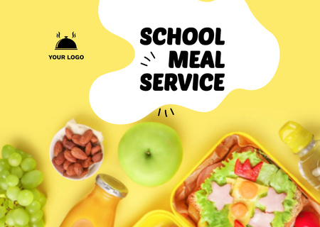 Iskolai ételreklám ebédlődobozsal és gyümölcslé-üveggel Flyer A6 Horizontal tervezősablon