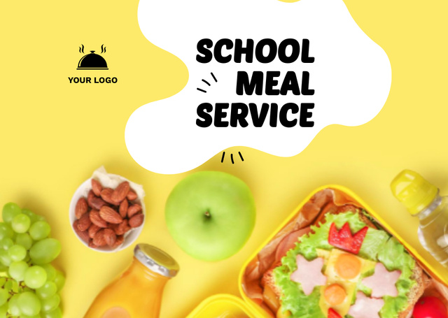School Food Ad with Lunchbox and Juice Bottle Flyer A6 Horizontal tervezősablon