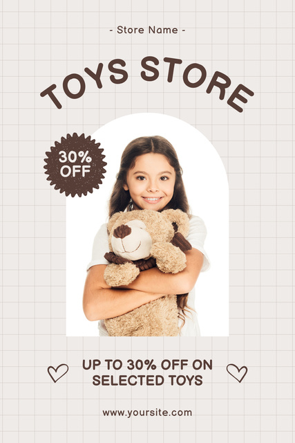 Platilla de diseño Discount on Toys with Girl and Cute Teddy Bear Pinterest