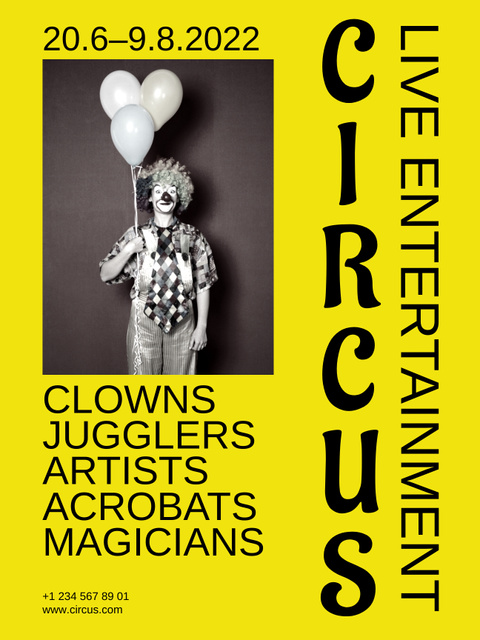 Circus Show with Funny Clown on Yellow Poster US Design Template