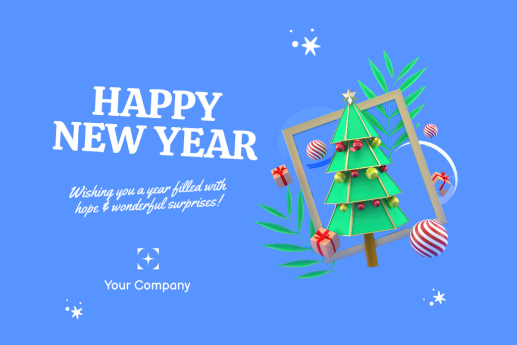 Template di design New Year Holiday Greeting with Cute Decorated Tree and Gifts Postcard 4x6in