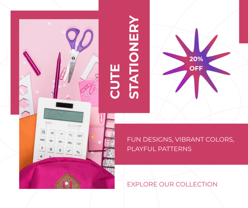 Cute Stationery Discount with Pink Colored Tools Facebook Modelo de Design