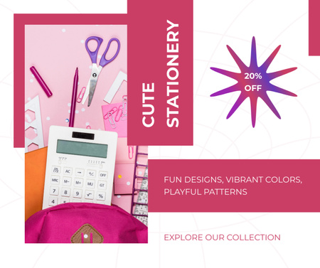 Cute Stationery Discount with Pink Colored Tools Facebook Design Template