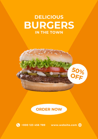 Fast Food Offer with Tasty Burger Poster Modelo de Design