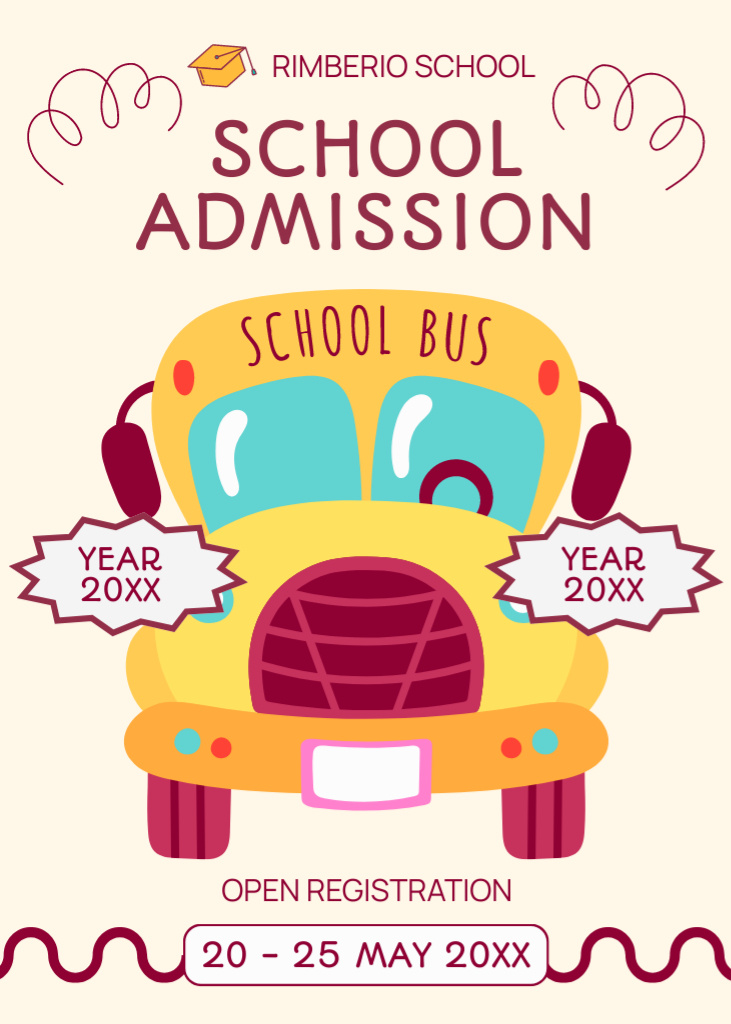 School Admission Announcement with Cute School Bus Flayer Design Template